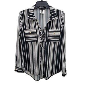 BCBGMaxAzria Women's Black & White Lace Up‎ Neck L/S Liquid Knit Top Size S